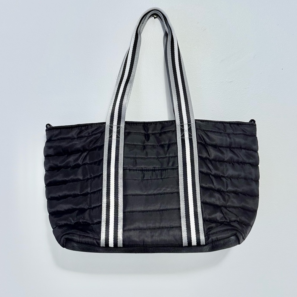 THINK ROYLN Black Quilted Zippered Tote with Striped Handles